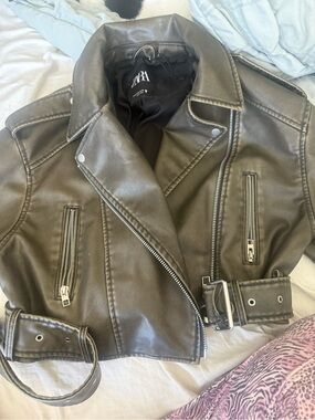 Zara brown leather biker jacket